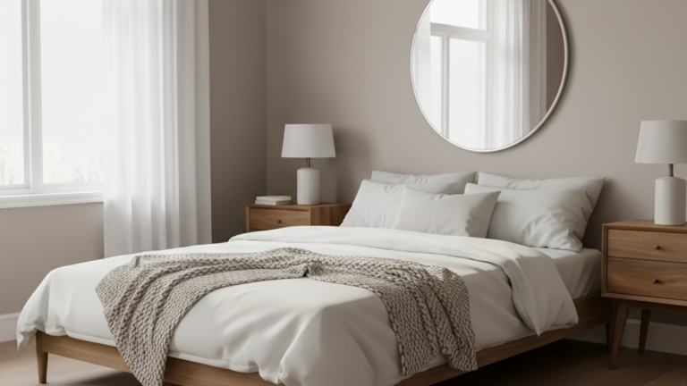modern living room with a minimalist beige sofa, a walnut mid-century coffee table, and a black metal floor lamp.