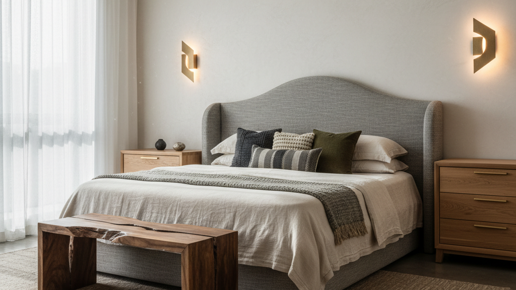 A modern bedroom with a custom upholstered headboard, a unique wooden bench at the foot of the bed, and artistic lighting