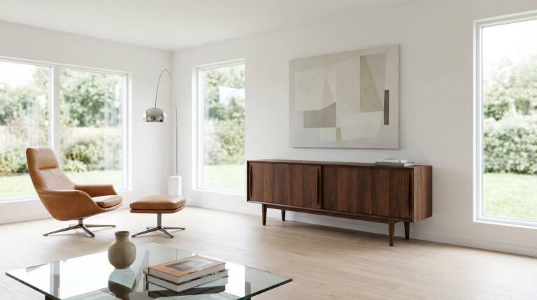 Mid-Century Modern furniture anchors minimalist space. Bauhaus influence, modern minimalism.
