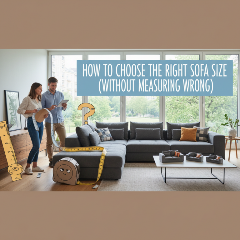 Choosing sofa size: Living room with properly sized couch. Furniture layout tips.