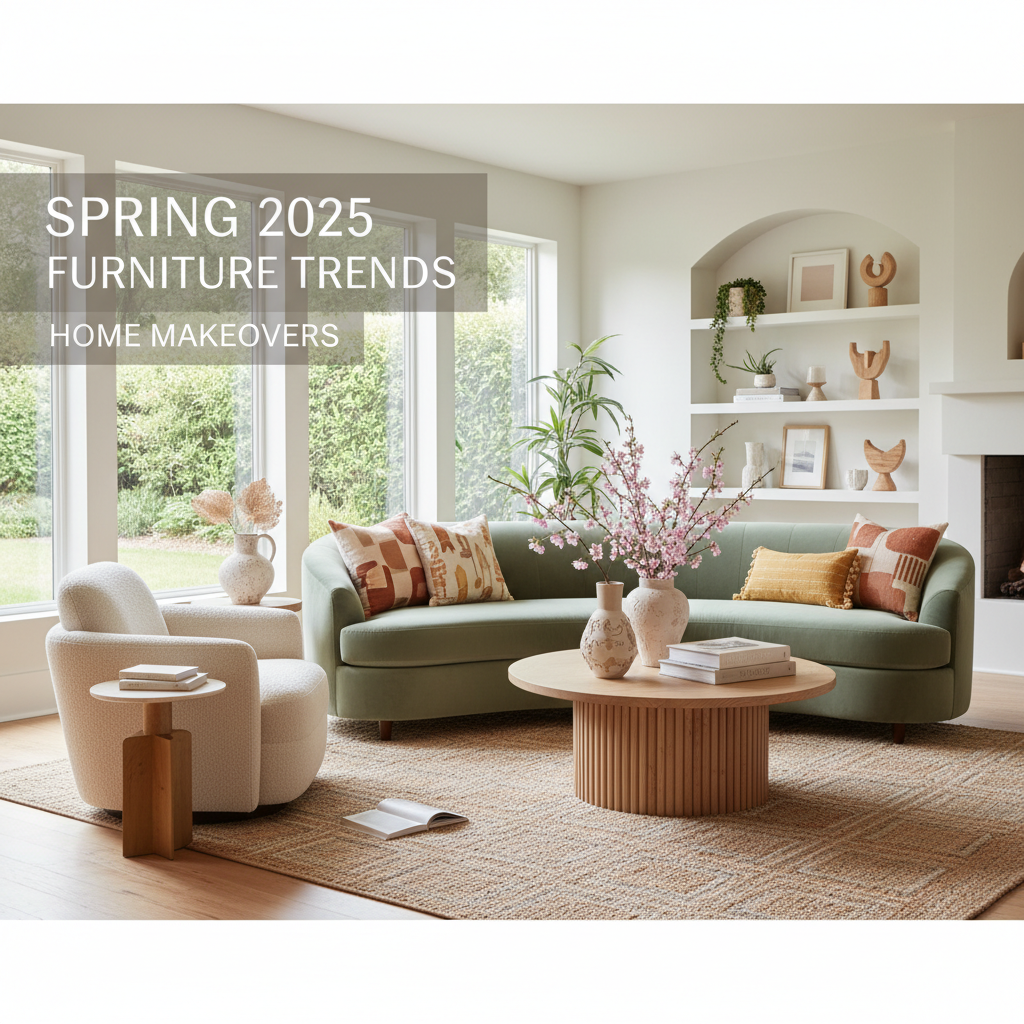 Spring 2025 furniture trends: Home makeover with modern, natural, and colorful living room decor.