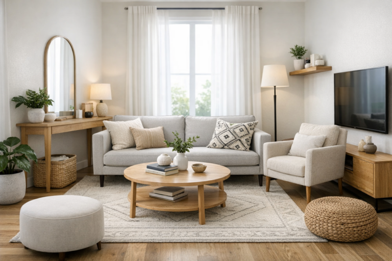 Small living room design: Furniture layout maximizing space, light, and airy feel.