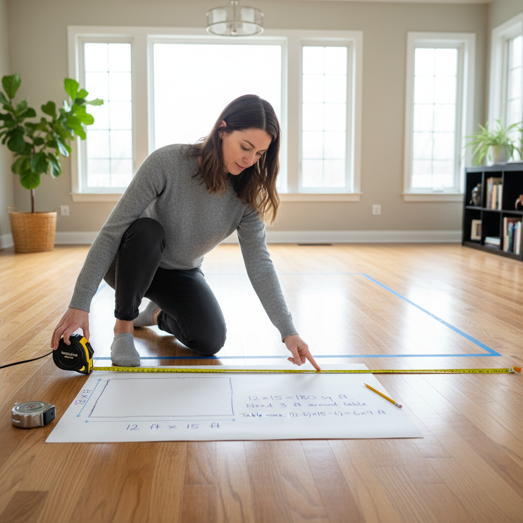 Measuring dining room. Calculate space for table, chairs, and movement. Planning layout.