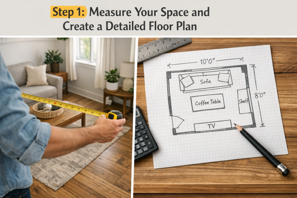 Measure space, floor plan, home design, room layout, interior planning, DIY project, step 1.